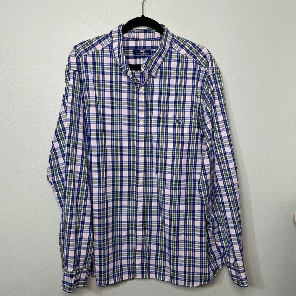 Vineyard Vines Men’s Stretch Poplin Check Button Down Shirt Blue Cloud Size XXL